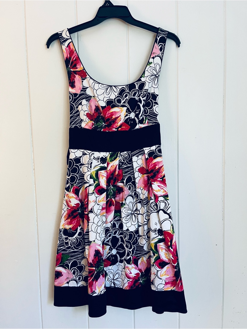 Corey P. Black White Pink Floral, Bow Tie Waist, Fit & Flare Dress, Size 16